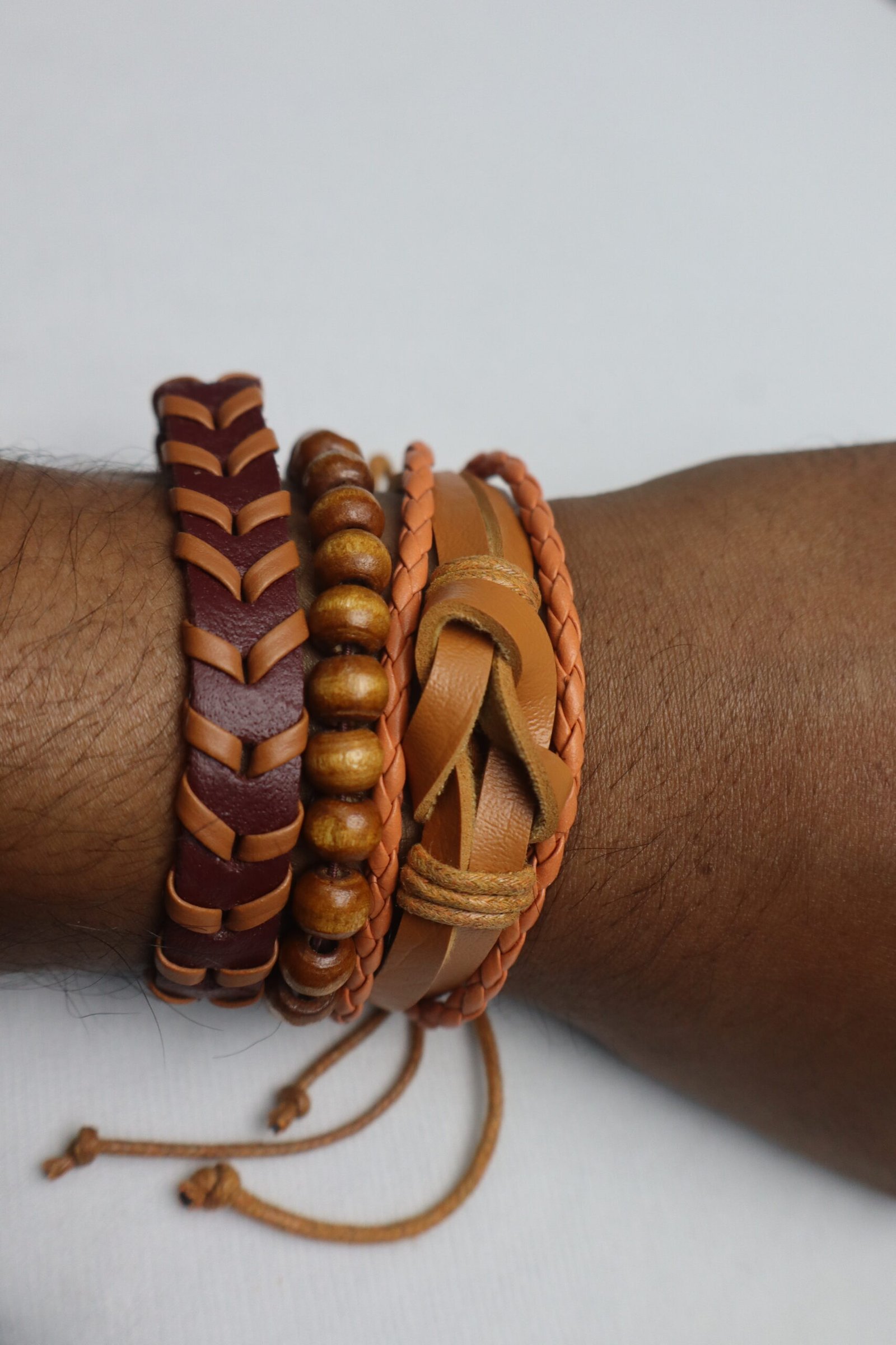 IMG_2802 Boho Leather & Wooden Beads Bracelet Set — 3PCS - Image 1
